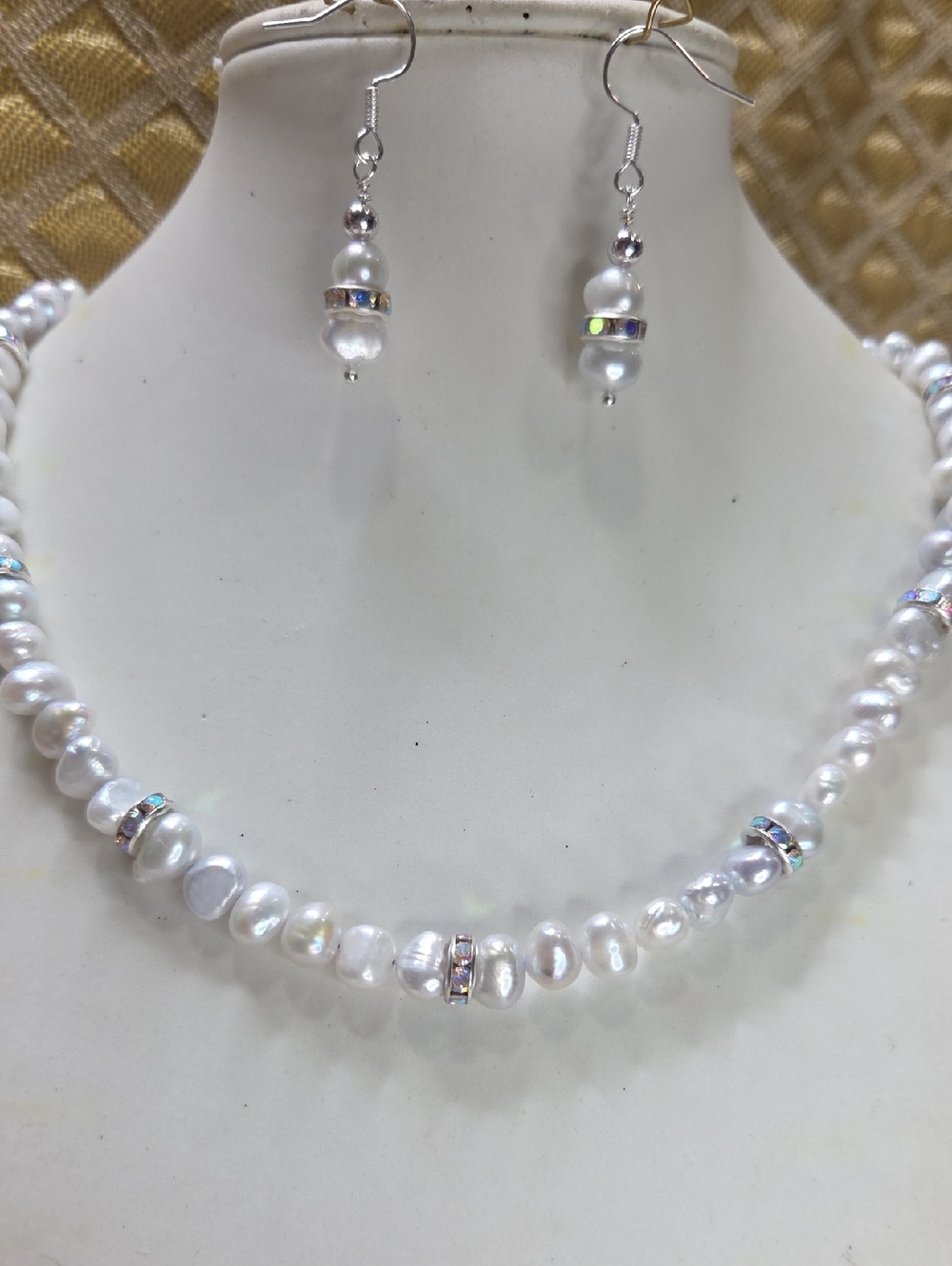 Blue Freshwater Pearl Necklace and Earrings Set - White Pearlescent